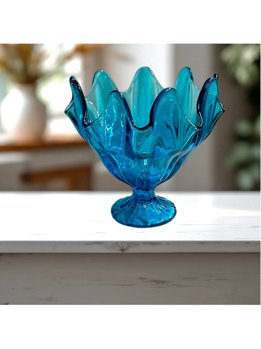 L.E. Smith Vintage Peacocks Blue Swung Style Art Glass Ruffled Footed Candy Dish